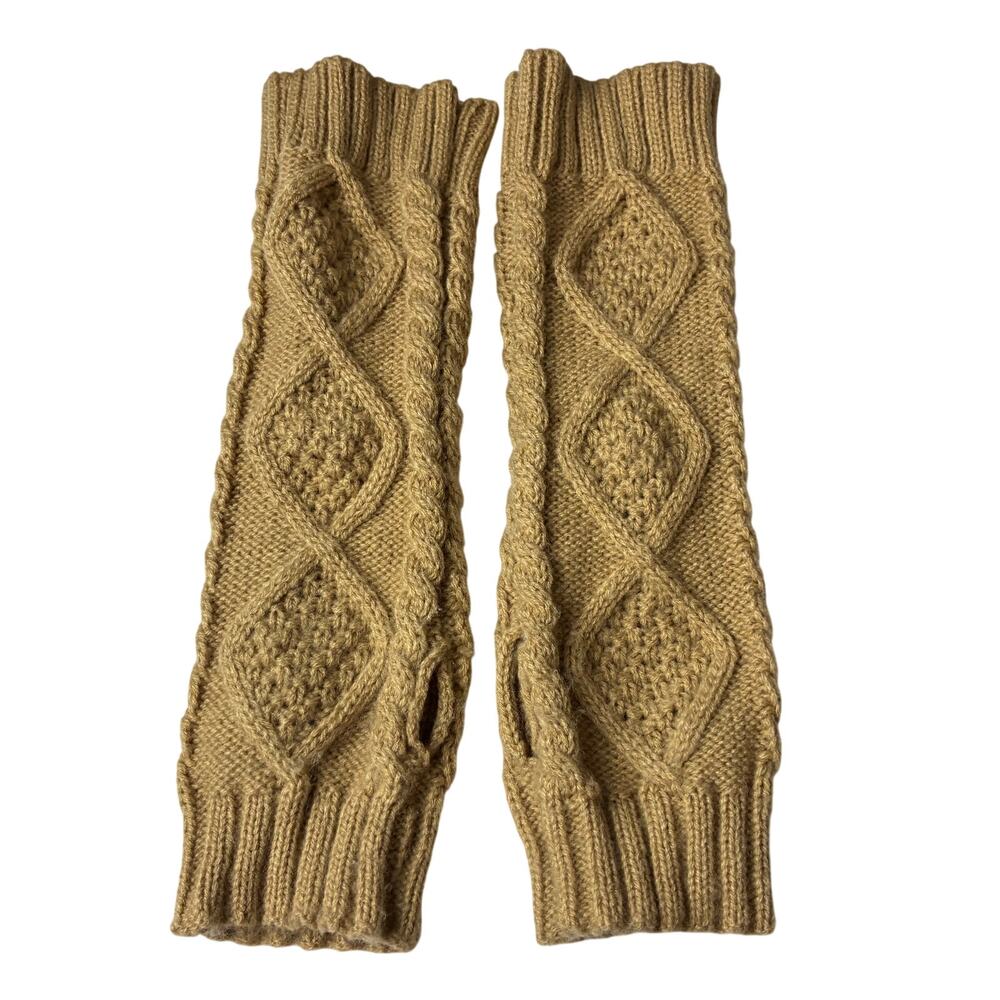 Women's Fingerless Gloves Cable Knit Half Finger Arm Sleeve Warmer Mitten Camel